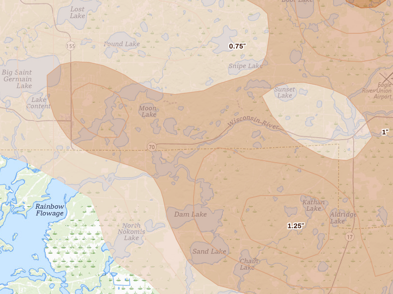 Radar-estimated hail-size map of the storm over Eagle River, WI on Jul 27, 2026
