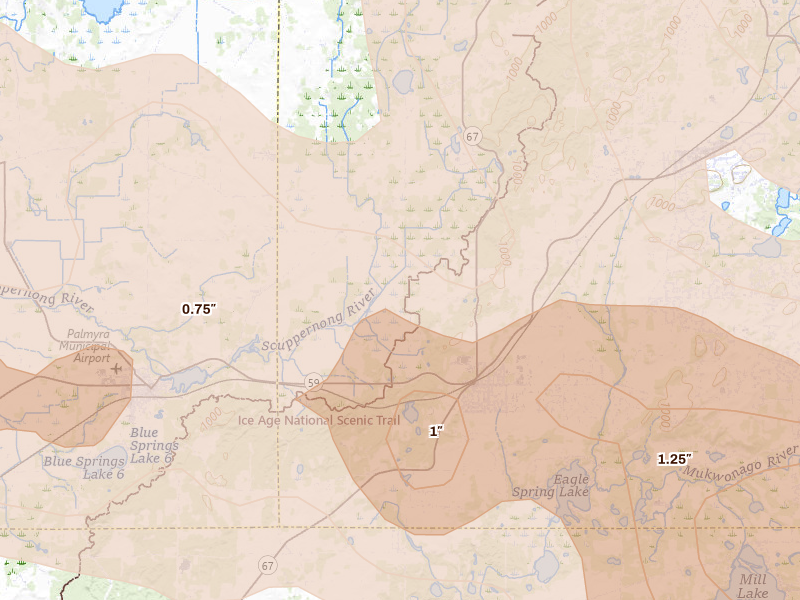 Radar-estimated hail-size map of the storm over Eagle, WI on Jul 27, 2026