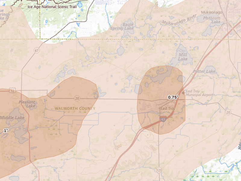 Radar-estimated hail-size map of the storm over East Troy, WI on Apr 17, 2026