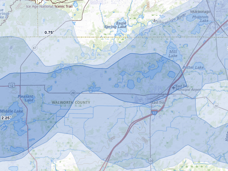 NEXRAD radar-signature map of the hail over East Troy, WI