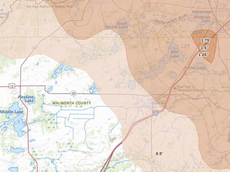 Radar-estimated hail-size map of the storm over East Troy, WI on Jul 27, 2026
