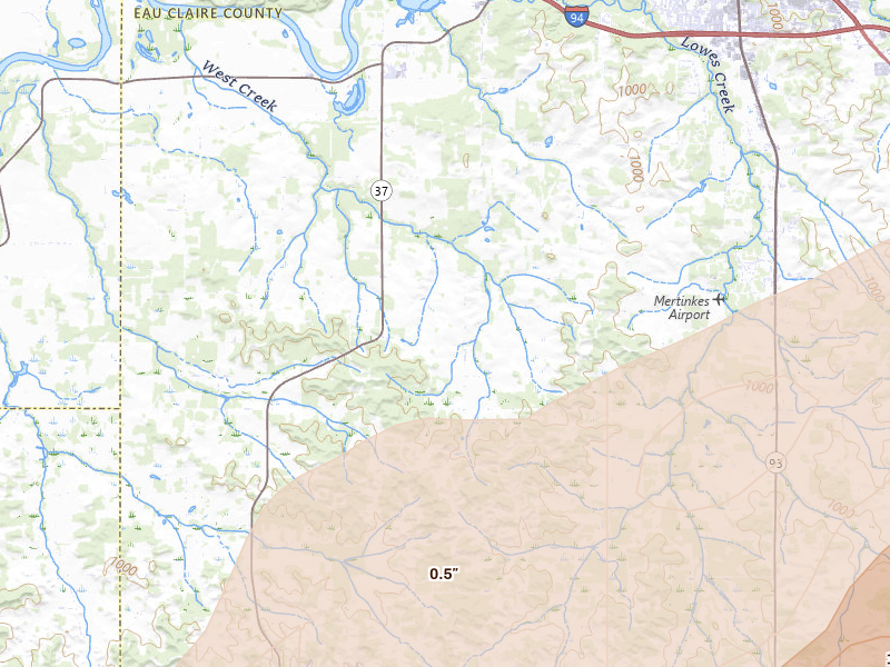 Radar-estimated hail-size map of the storm over Eau Claire, WI on Apr 13, 2026