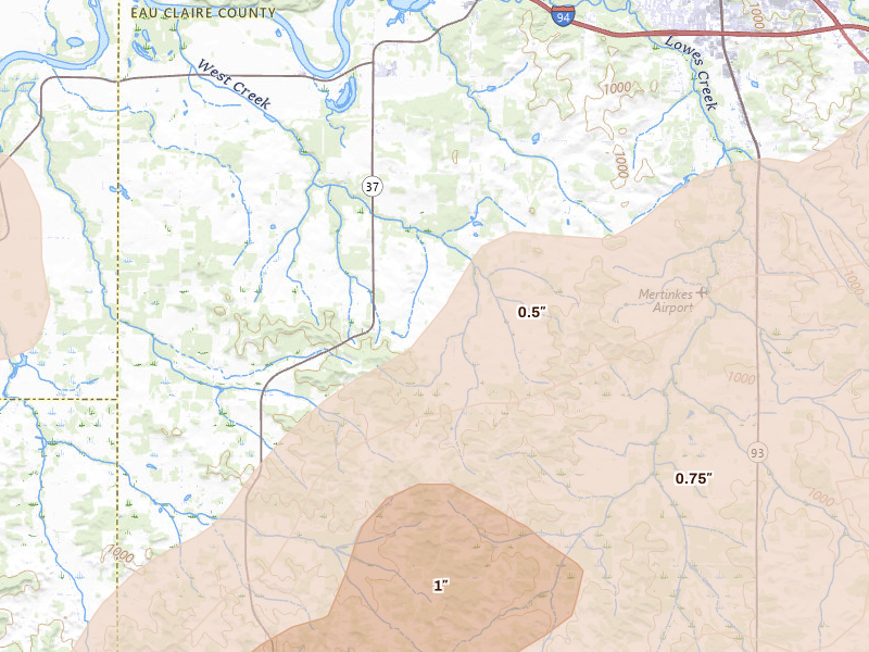 Radar-estimated hail-size map of the storm over Eau Claire, WI on Jun 9, 2026