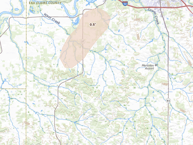 Radar-estimated hail-size map of the storm over Eau Claire, WI on Jun 10, 2026
