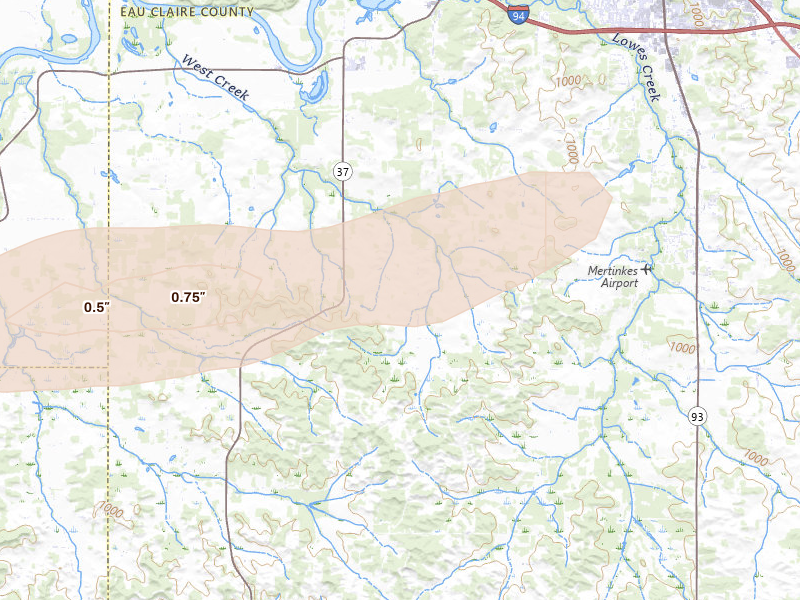 Radar-estimated hail-size map of the storm over Eau Claire, WI on Jun 19, 2026