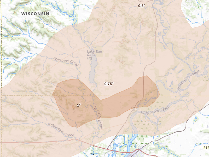 Radar-estimated hail-size map of the storm over Eau Galle, WI on Jun 10, 2026