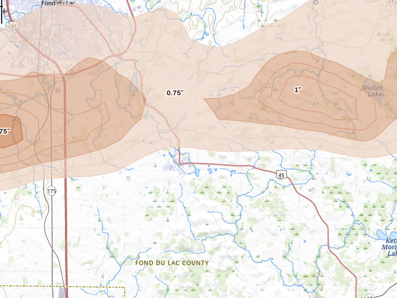 Radar-estimated hail-size map of the storm over Eden, WI on Jul 1, 2026