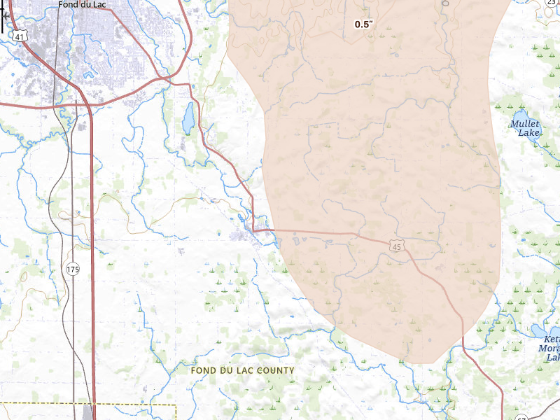 Radar-estimated hail-size map of the storm over Eden, WI on Jul 27, 2026