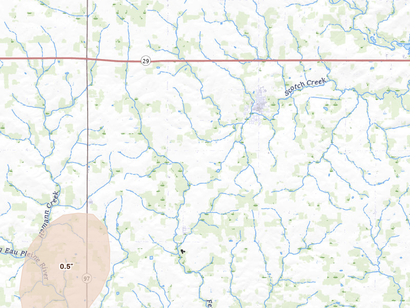 Radar-estimated hail-size map of the storm over Edgar, WI on Apr 17, 2026