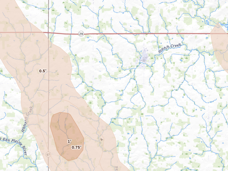 Radar-estimated hail-size map of the storm over Edgar, WI on May 27, 2026