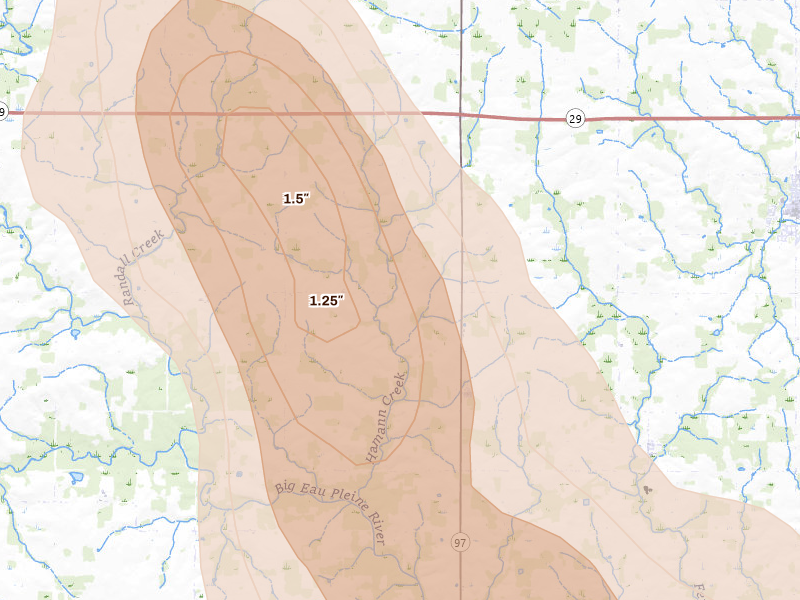 Radar-estimated hail-size map of the storm over Edgar, WI on Aug 11, 2026