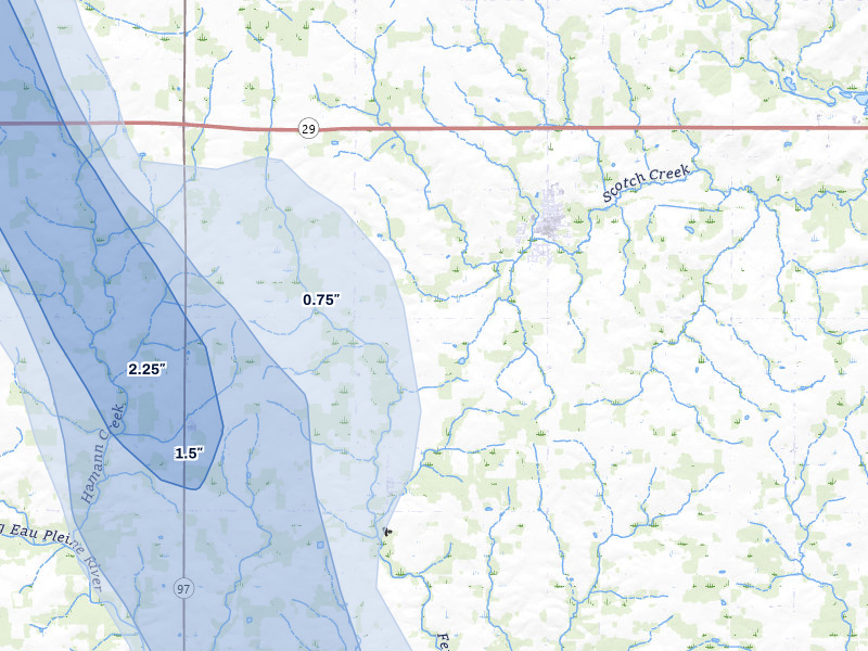 NEXRAD radar-signature map of the hail storm over Edgar, WI on Aug 11, 2026
