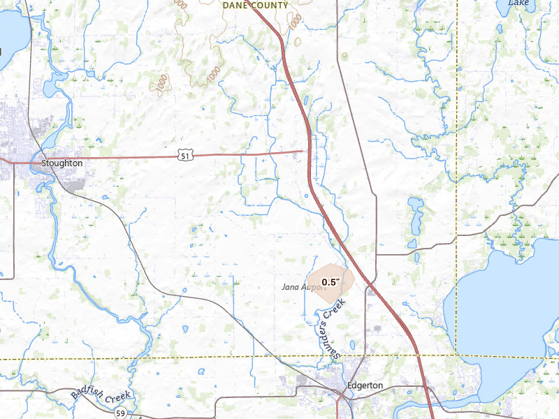 Radar-estimated hail-size map of the storm over Edgerton, WI on Jun 10, 2026