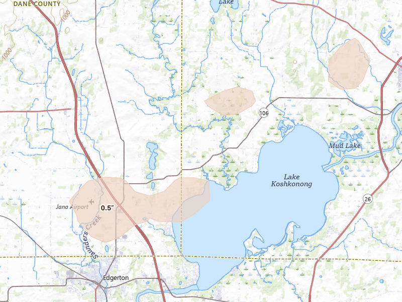 Radar-estimated hail-size map of the storm over Edgerton, WI on Aug 9, 2026
