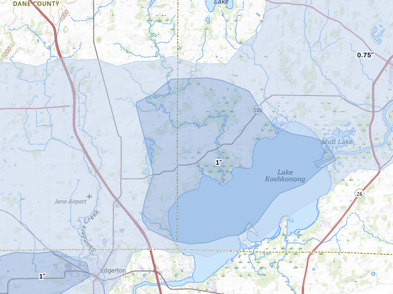 NEXRAD radar-signature map of the hail storm over Edgerton, WI on Aug 9, 2026