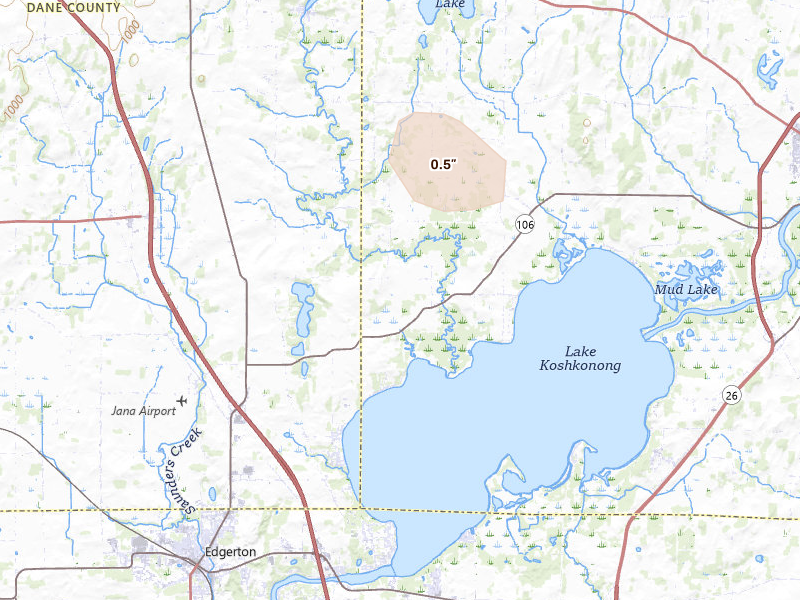 Radar-estimated hail-size map of the storm over Edgerton, WI on Aug 18, 2026