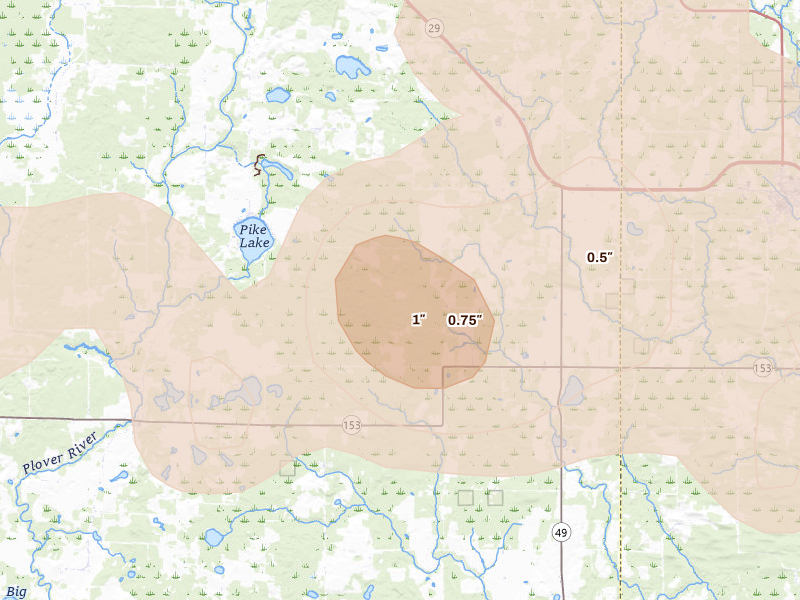Radar-estimated hail-size map of the storm over Eland, WI on Jun 30, 2026