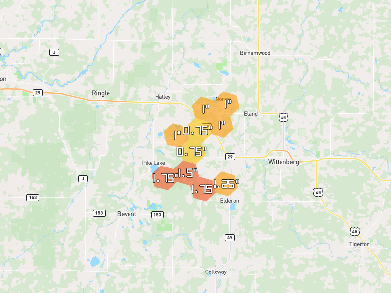 Hail map of Eland, WI on Jun 30, 2026, hail up to 1.75"