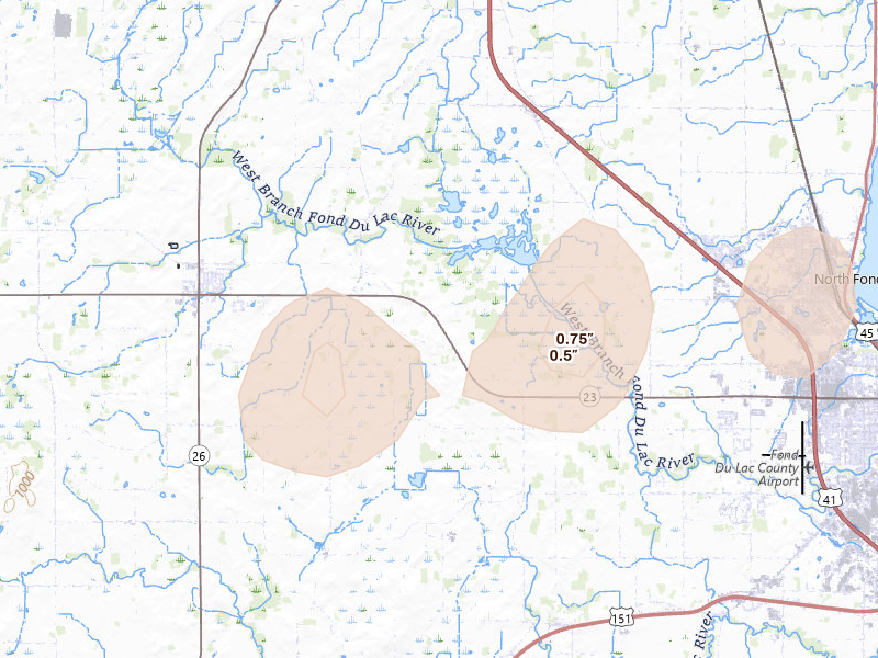 Radar-estimated hail-size map of the storm over Eldorado, WI on Mar 31, 2026