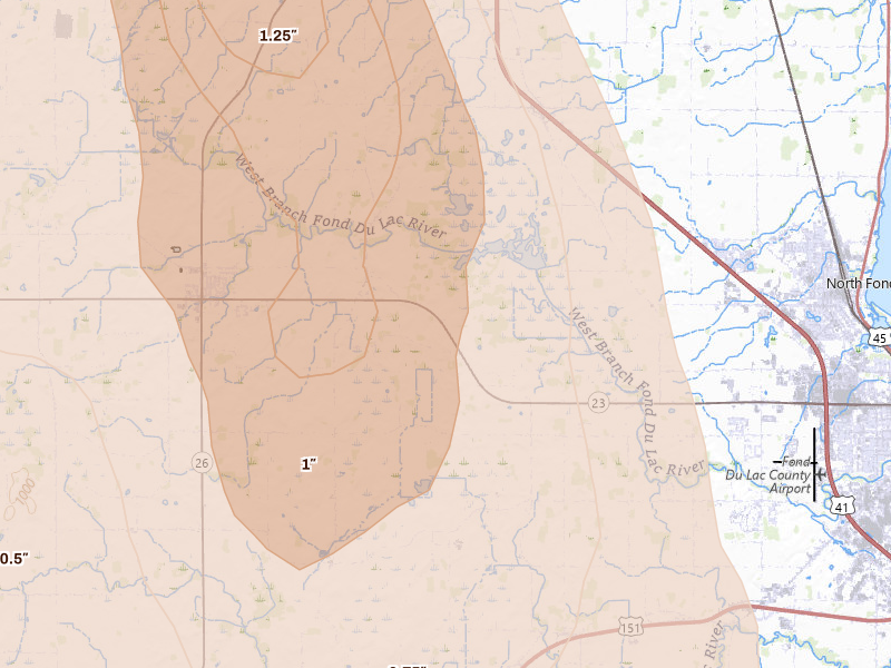 Radar-estimated hail-size map of the storm over Eldorado, WI on Jul 27, 2026