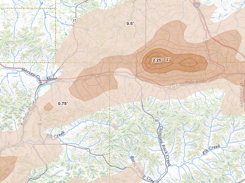 Radar-estimated hail-size map of the storm over Eleva, WI on Apr 13, 2026