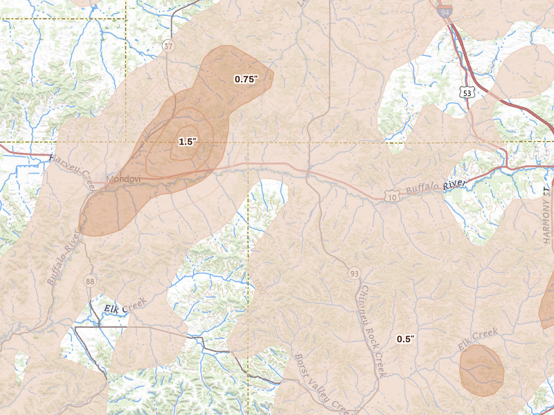 Radar-estimated hail-size map of the storm over Eleva, WI on Jun 9, 2026