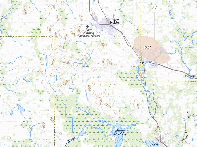 Radar-estimated hail-size map of the storm over Elkhart Lake, WI on Mar 30, 2026