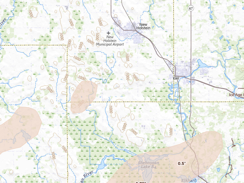 Radar-estimated hail-size map of the storm over Elkhart Lake, WI on Jul 1, 2026