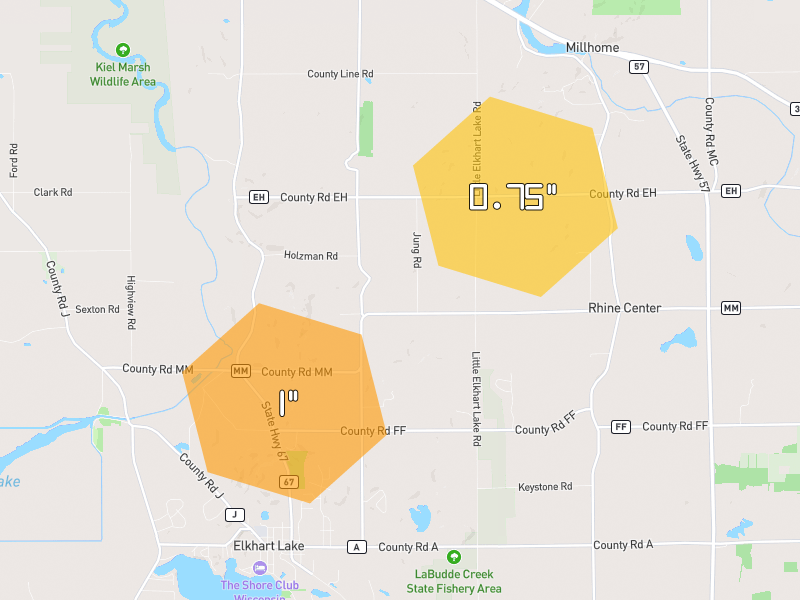 Hail map of Elkhart Lake, WI on Jul 1, 2026, hail up to 1"