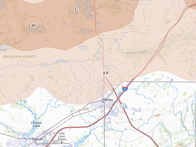 Radar-estimated hail-size map of the storm over Elkhorn, WI on Apr 17, 2026