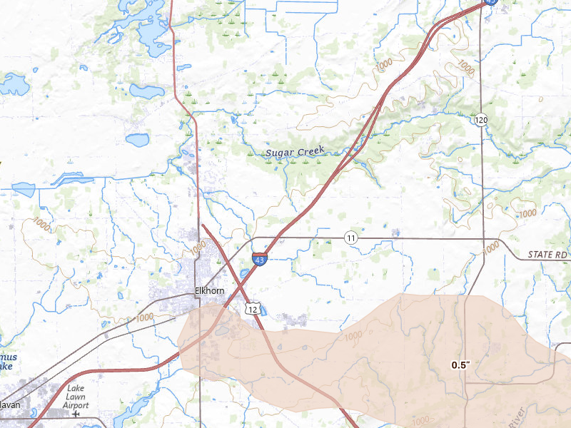 Radar-estimated hail-size map of the storm over Elkhorn, WI on Aug 9, 2026