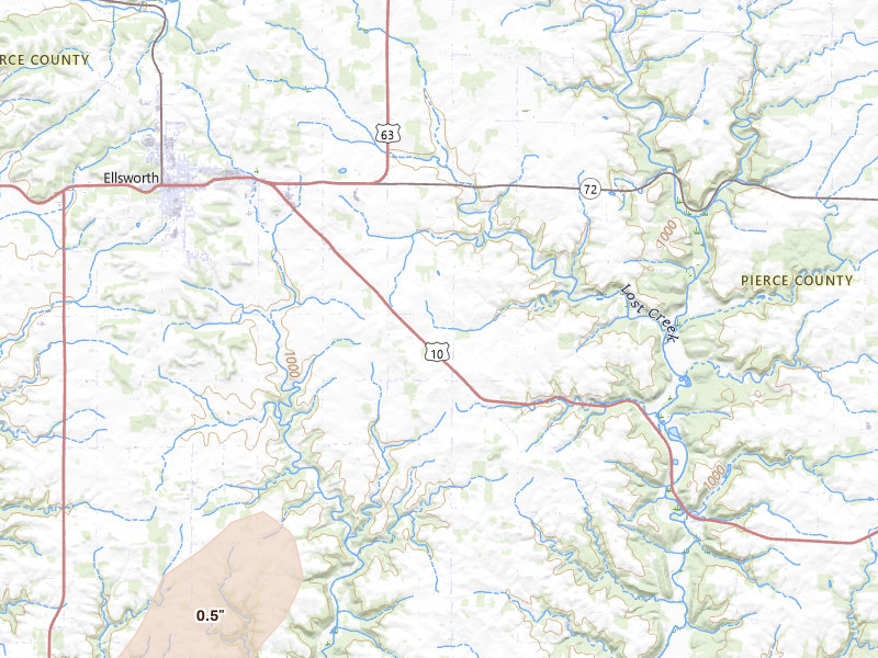 Radar-estimated hail-size map of the storm over Ellsworth, WI on Apr 17, 2026