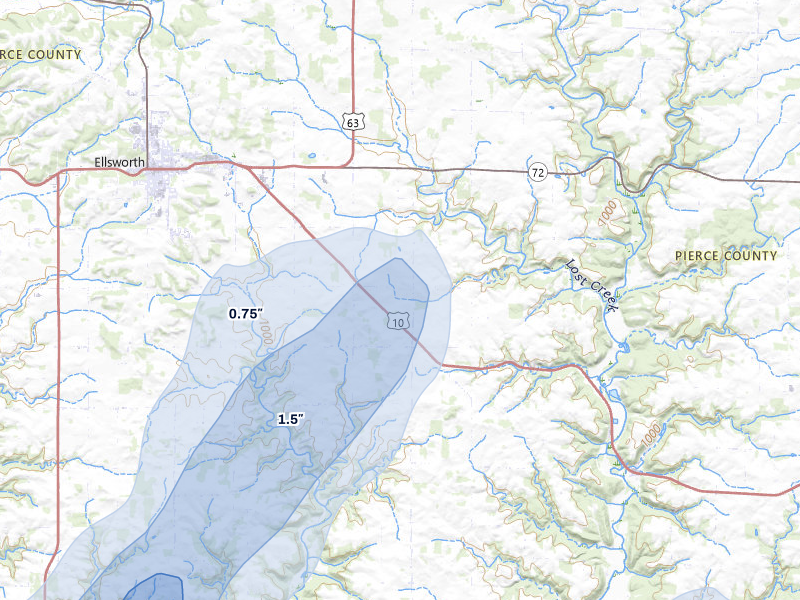 NEXRAD radar-signature map of the hail storm over Ellsworth, WI on Apr 17, 2026