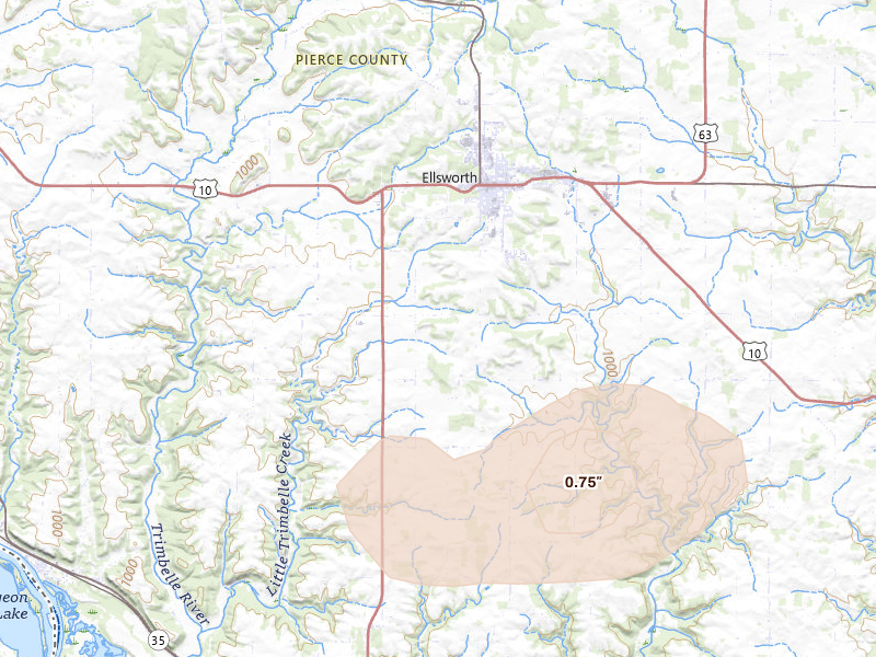 Radar-estimated hail-size map of the storm over Ellsworth, WI on Sep 2, 2026