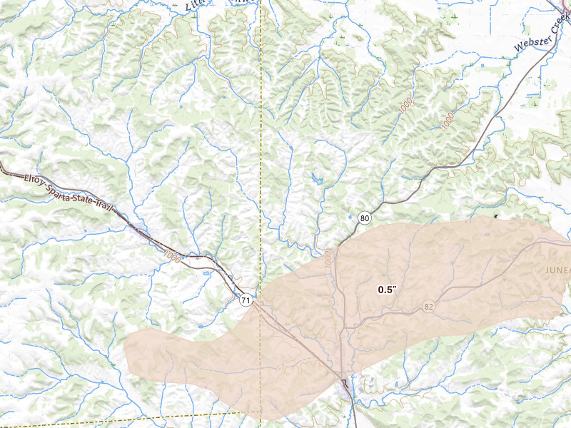 Radar-estimated hail-size map of the storm over Elroy, WI on Jun 30, 2026