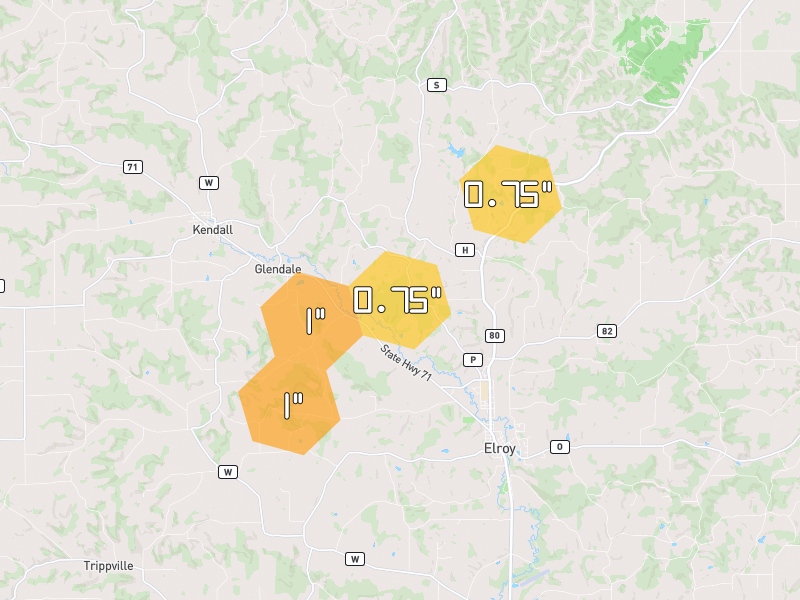 Hail map of Elroy, WI on Jul 1, 2026, hail up to 1"