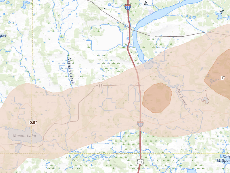 Radar-estimated hail-size map of the storm over Endeavor, WI on Jul 1, 2026