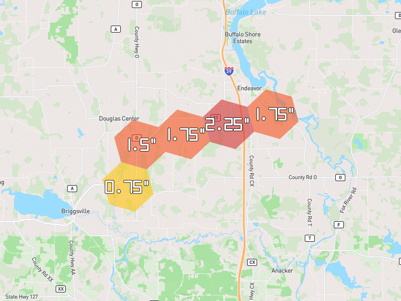 Hail map of Endeavor, WI on Jul 1, 2026, hail up to 2.25"