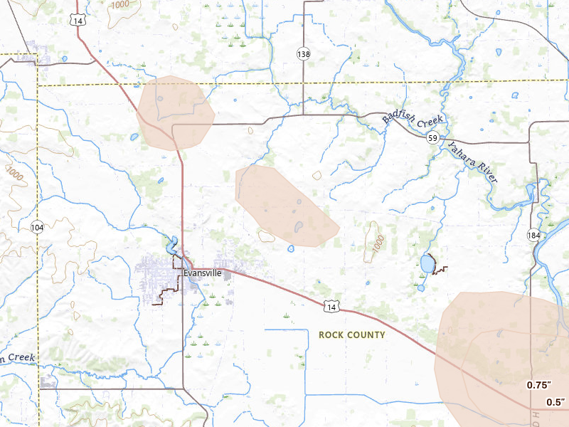Radar-estimated hail-size map of the storm over Evansville, WI on Jun 24, 2026