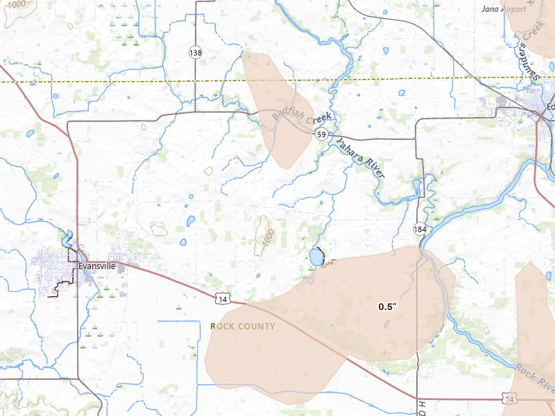 Radar-estimated hail-size map of the storm over Evansville, WI on Aug 9, 2026