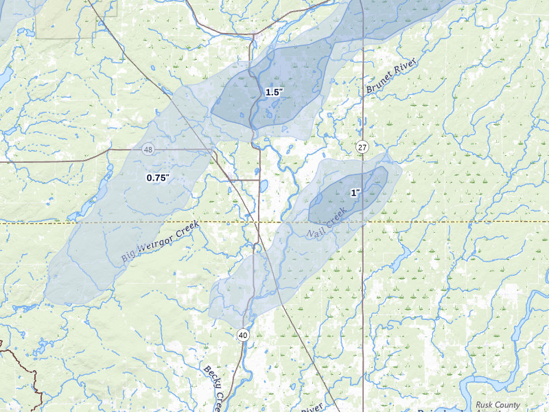 NEXRAD radar-signature map of the hail over Exeland, WI
