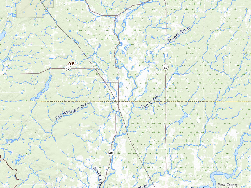 Radar-estimated hail-size map of the storm over Exeland, WI on Jul 7, 2026