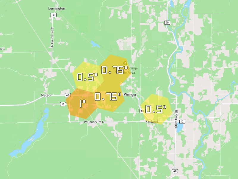 Hail map of Exeland, WI on Jul 8, 2026, hail up to 1"