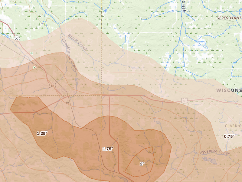 Radar-estimated hail-size map of the storm over Fairchild, WI on Apr 13, 2026