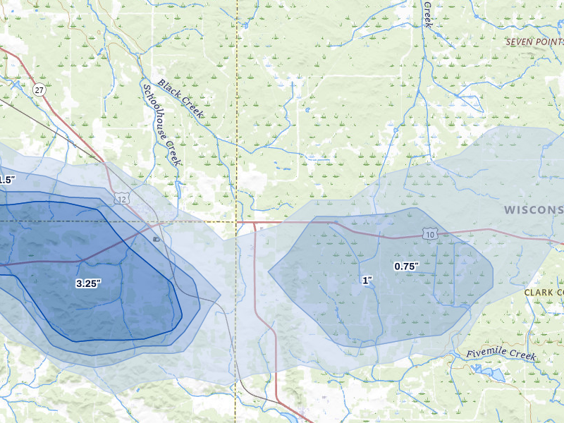 NEXRAD radar-signature map of the hail over Fairchild, WI