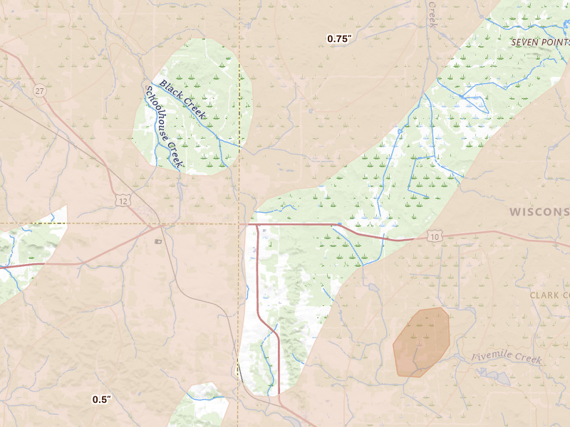 Radar-estimated hail-size map of the storm over Fairchild, WI on Jun 9, 2026