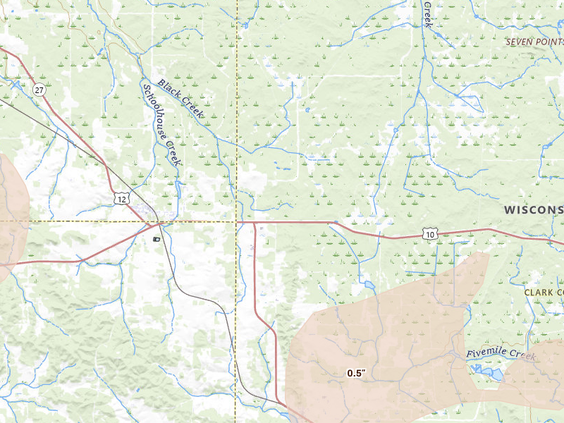 Radar-estimated hail-size map of the storm over Fairchild, WI on Jun 10, 2026