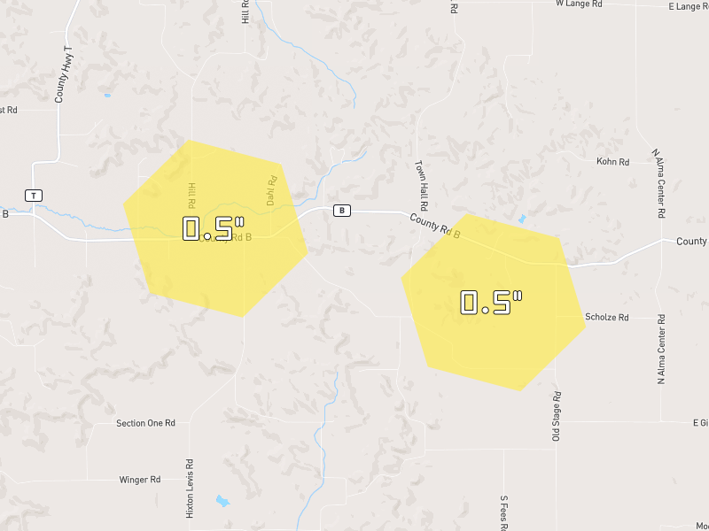 Hail map of Fairchild, WI on Jul 1, 2026, hail up to 0.5"