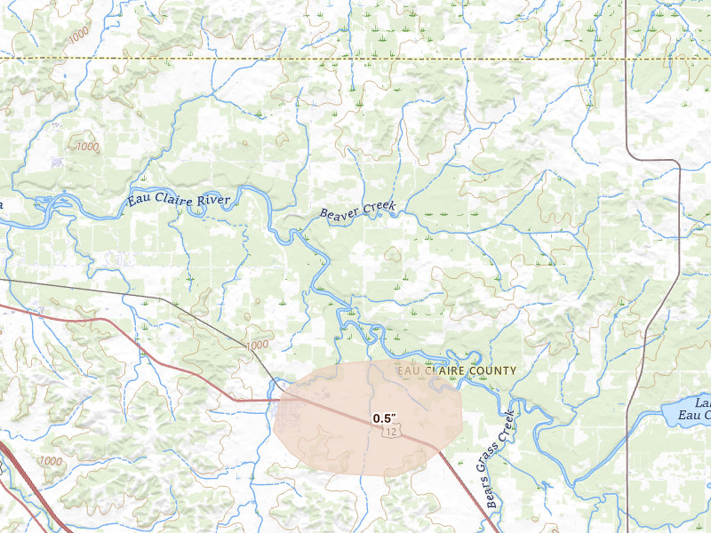 Radar-estimated hail-size map of the storm over Fall Creek, WI on Jun 5, 2026