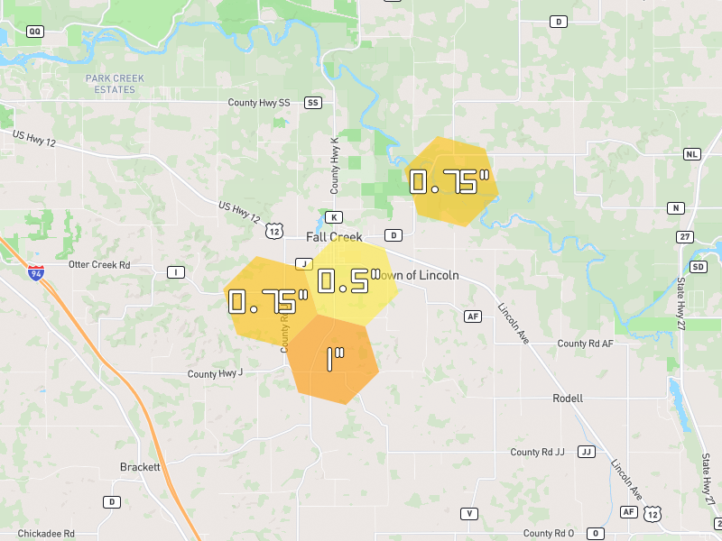 Hail map of Fall Creek, WI on Jun 5, 2026, hail up to 1"